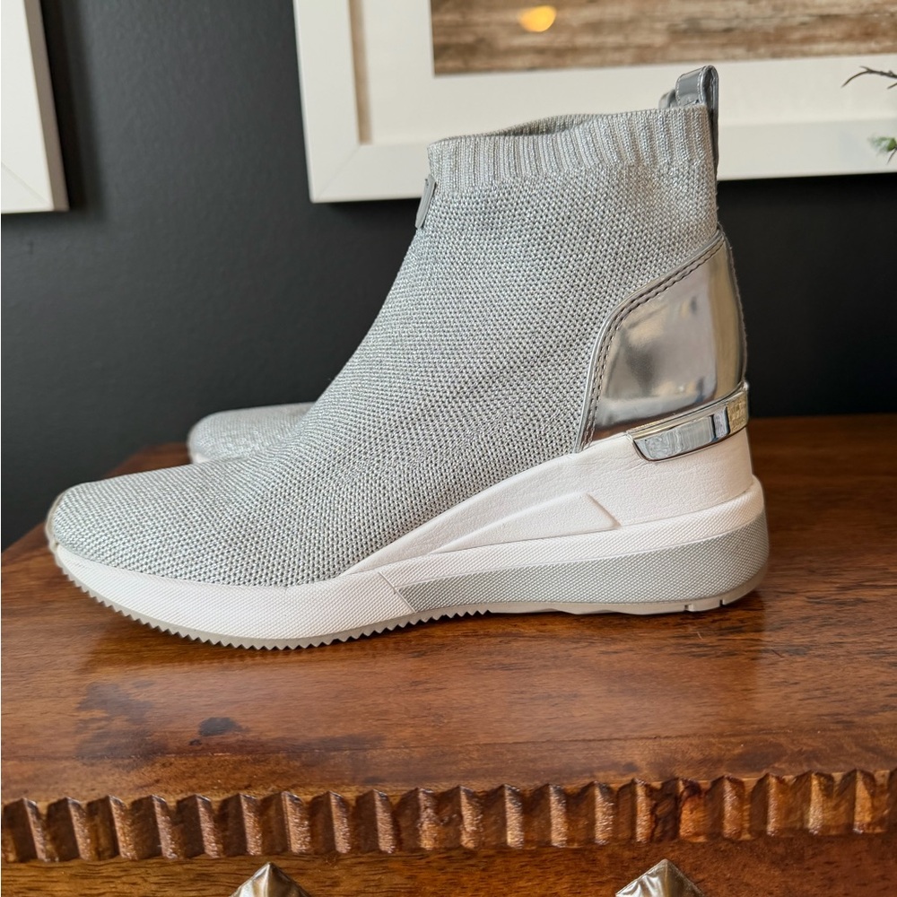 Michael Kors Skylar Metallic Silver Knit Slip-On Sneaker Booties
